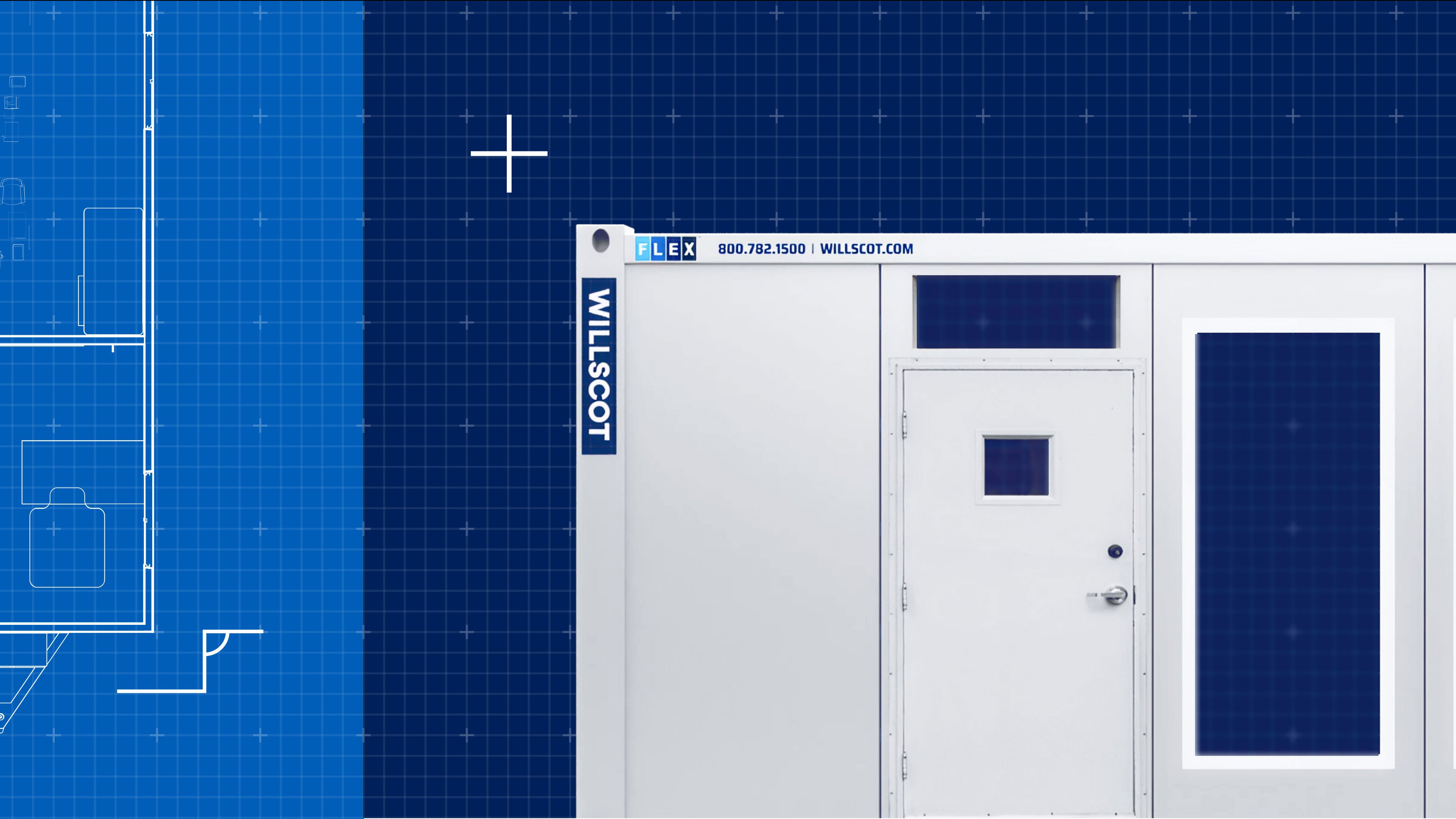 A WillScot Mobile Office trailer shown on top of a blueprint grid pattern