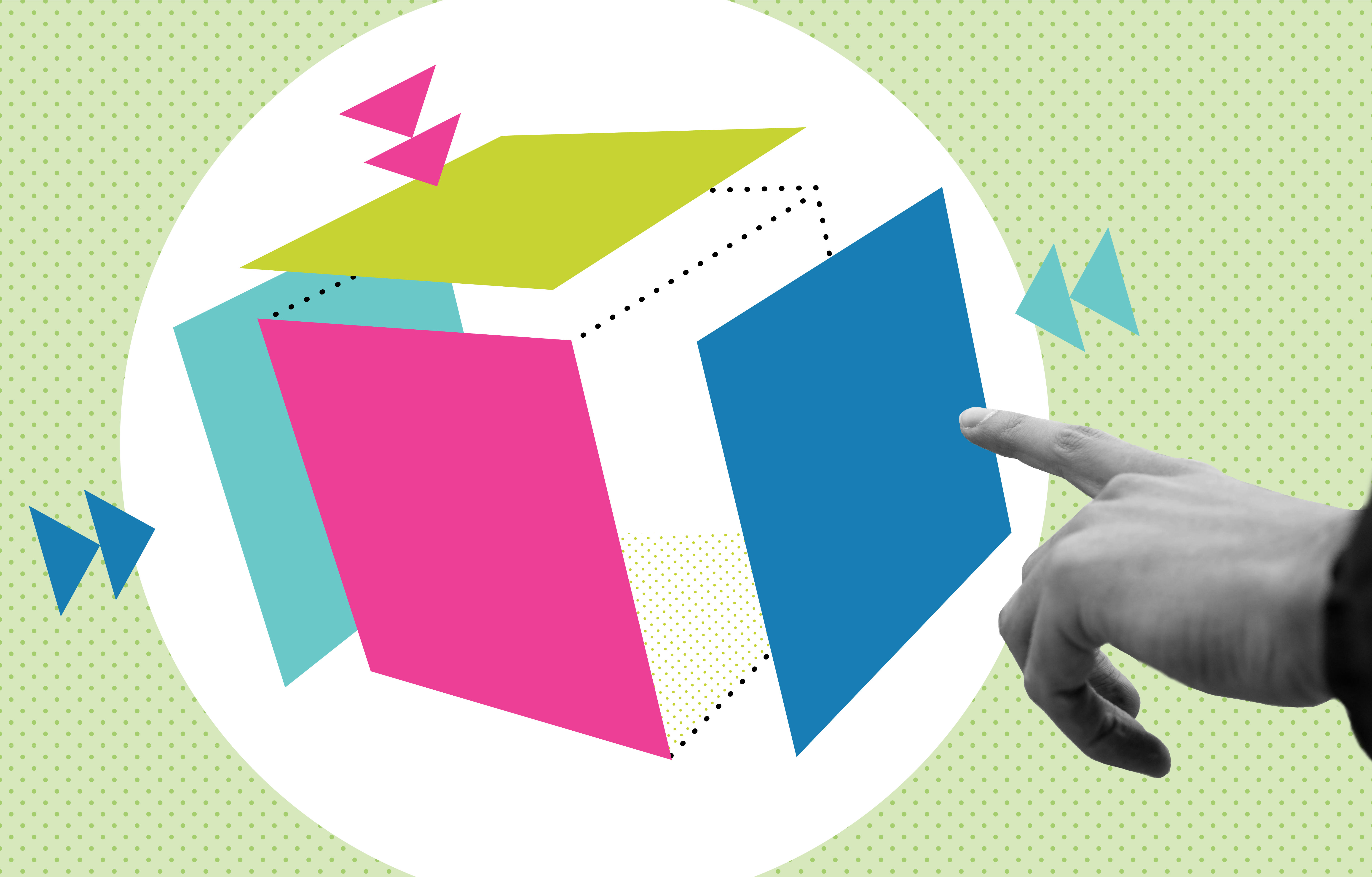 Black and white photograph of a hand pointing toward a cube made up of green, pink and blue BE-branded squares.