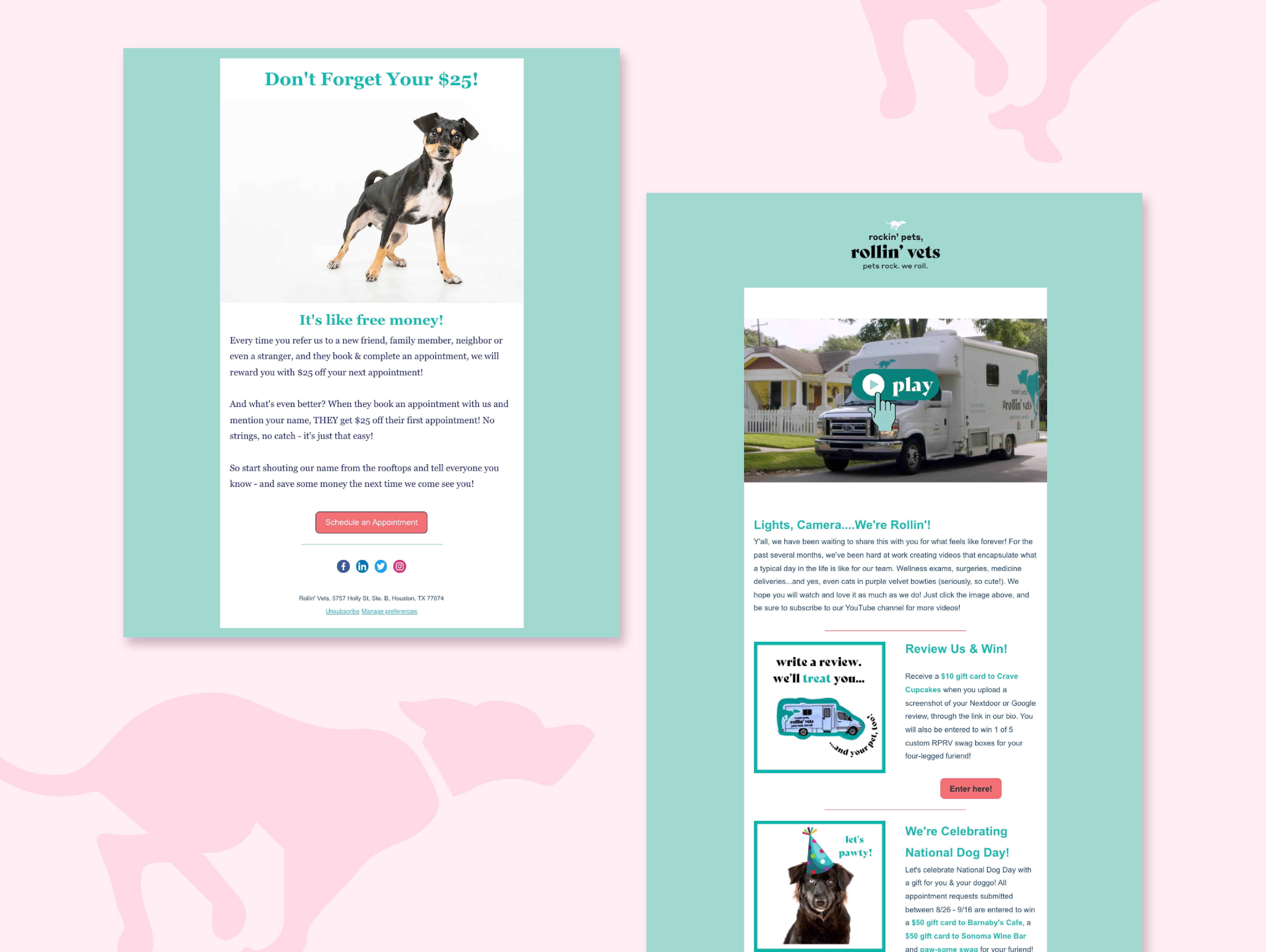 Two emails for RPRV featuring a black and white dog and the RPRV truck on pink background. 